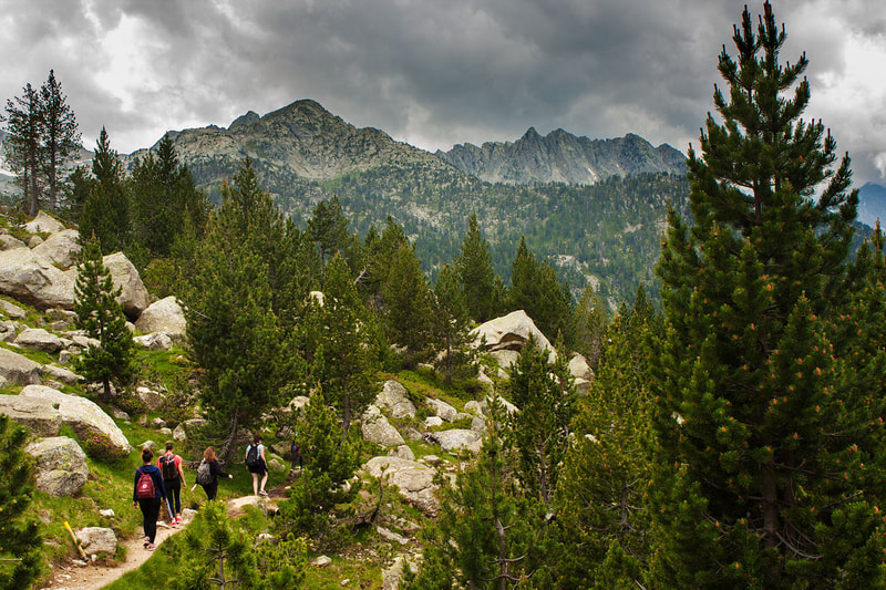 Un grup d'amics caminant entre les altes muntanyes, els boscos i els típics paisatges de muntanya del Parc Nacional d'Aigüestortes.